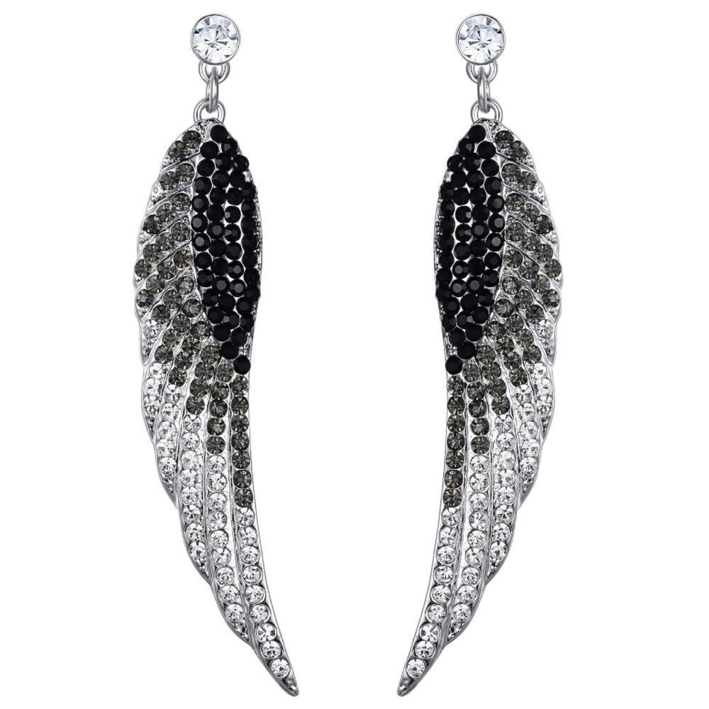 Silver with Black Onyx and Gray Austrian Crystal Angel Wing Drop Post Earrings
